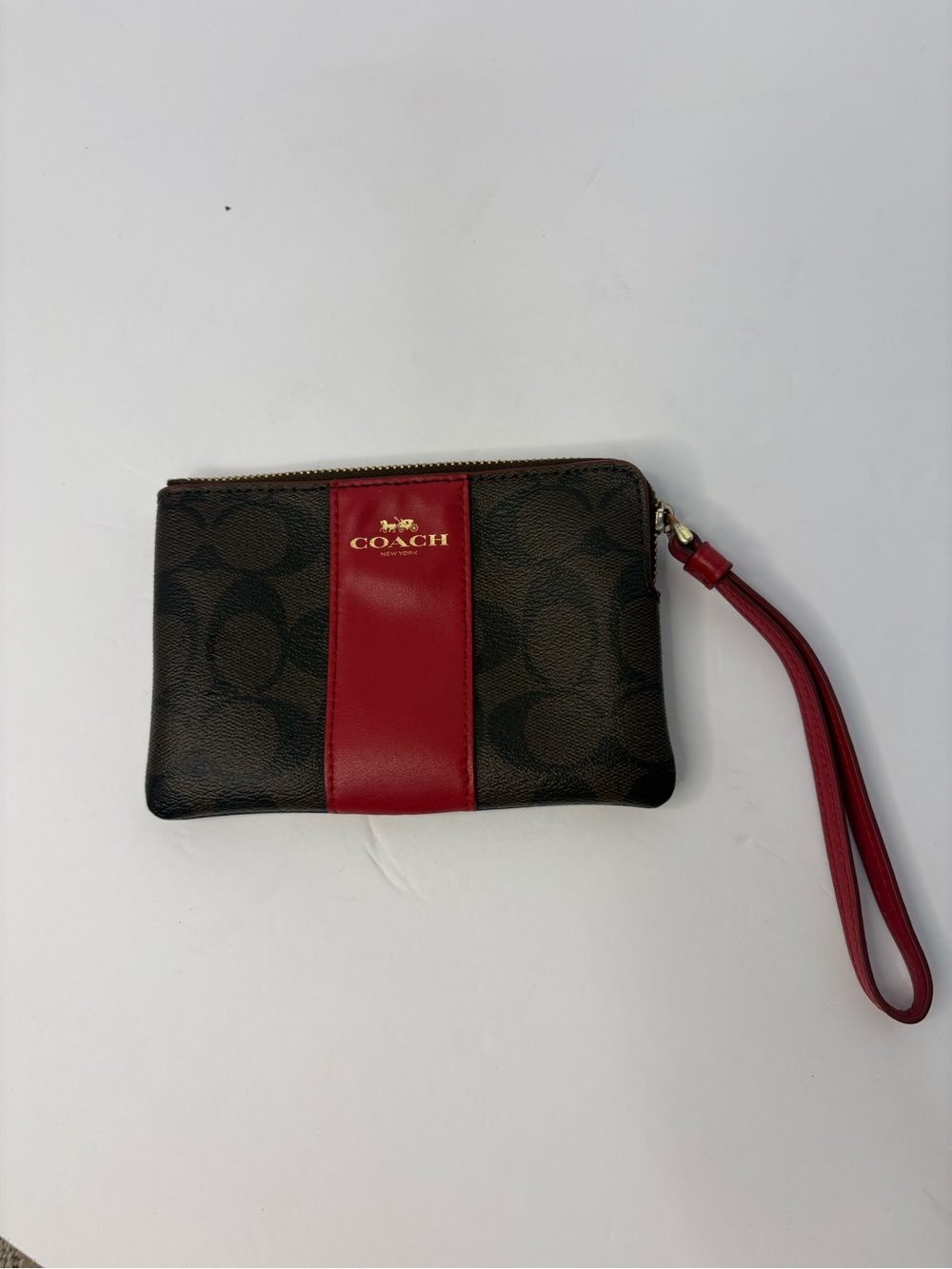 Coach Brown Signature Canvas Wristlet with Red Center Stripe